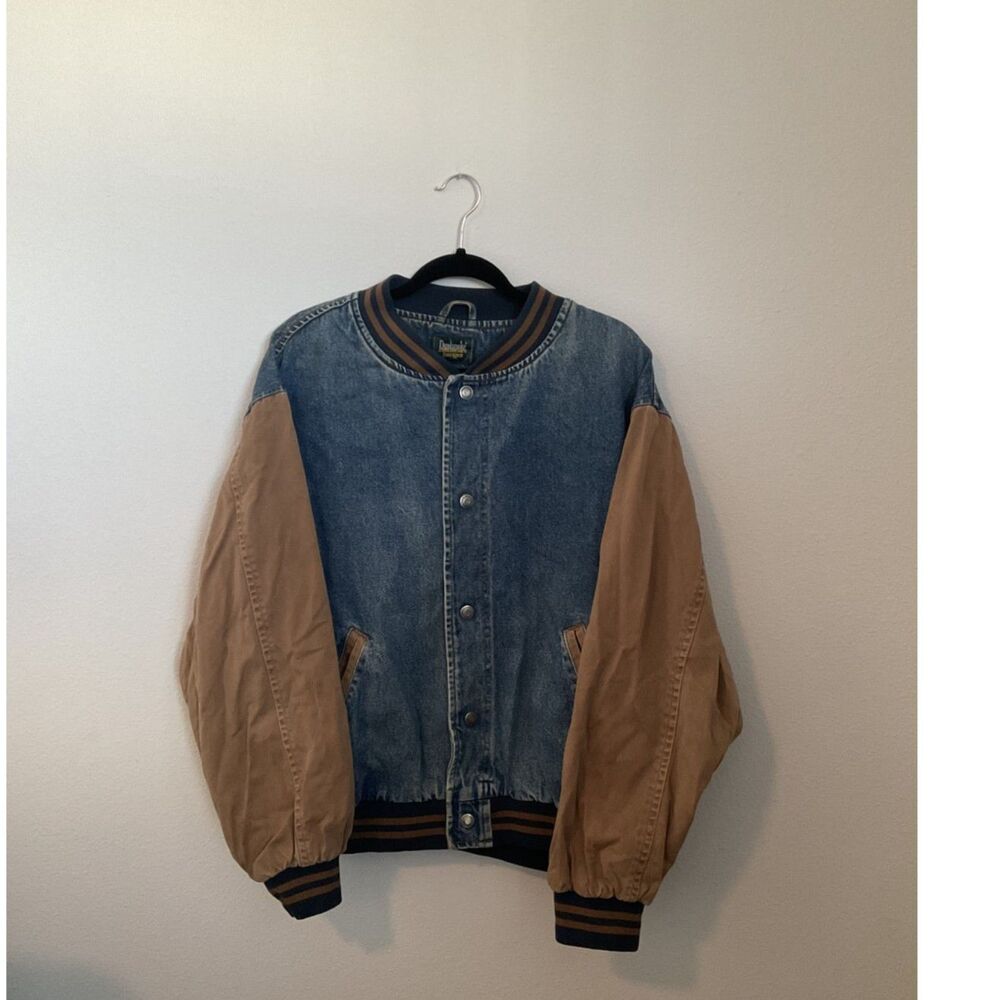 Vintage 90s Dunbrooke Denim Varsity Bomber Jacket Tan Canvas Sleeves Snap Front